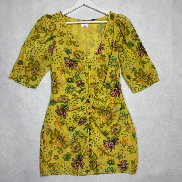 Le Fou Wilfred Yellow Floral Silk Ruched Button Front Mini Dress Size 10 - Picture 2 of 9